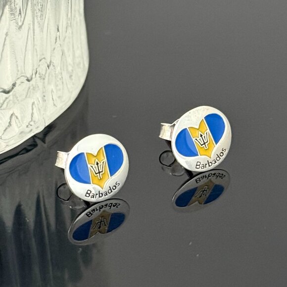 Barbados Heart Flag Earrings S925 Sterling Silver Handmade Ear Stud - Picture 3 of 4